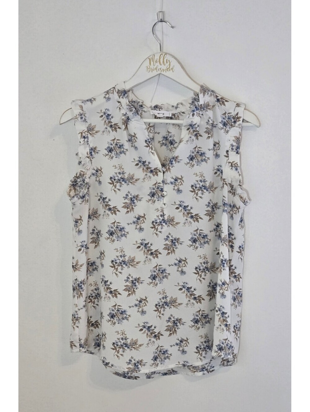 Gauzy Women's White Blue and Brown Floral ruffle sleeveless top